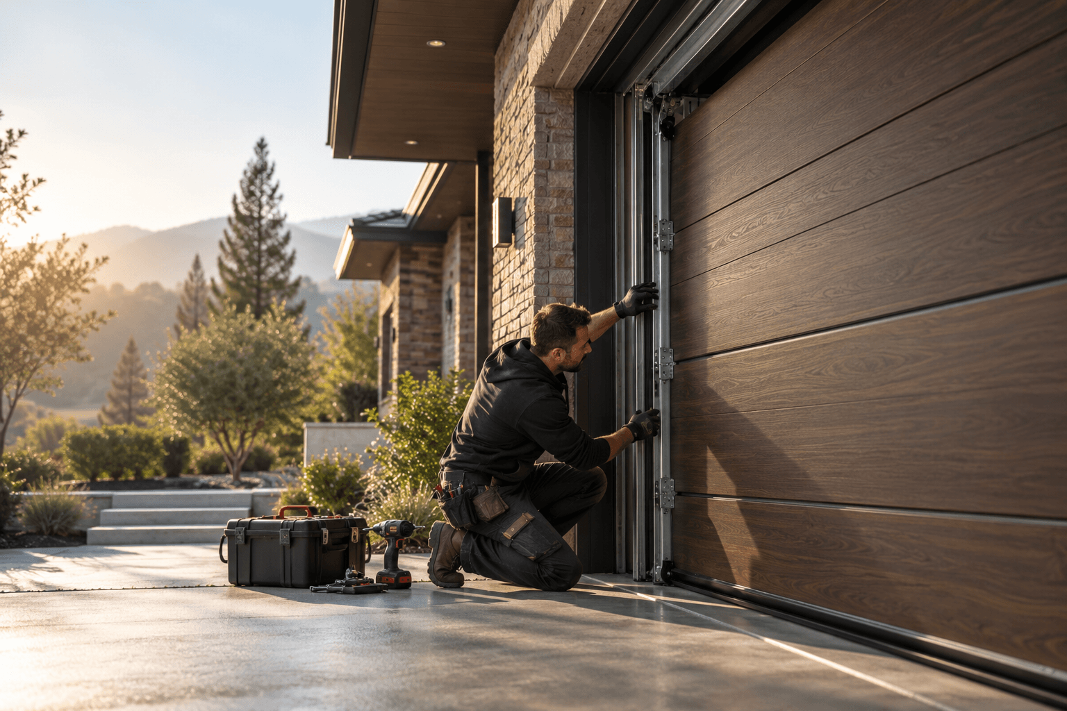 Technician fitting the track of a new walnut wood-look flush garage door