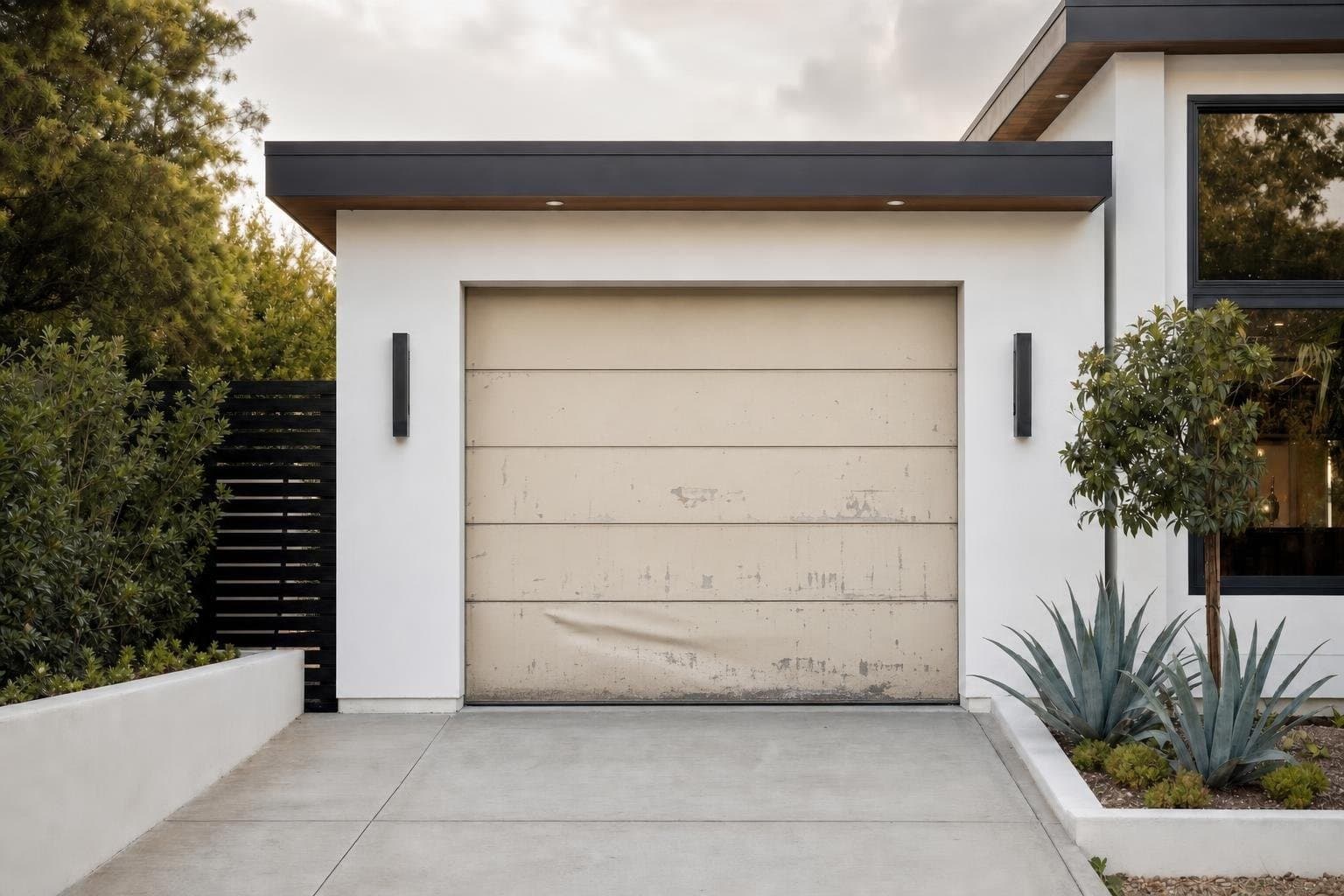 Black aluminum full-view garage door in Lakeview Heights, before