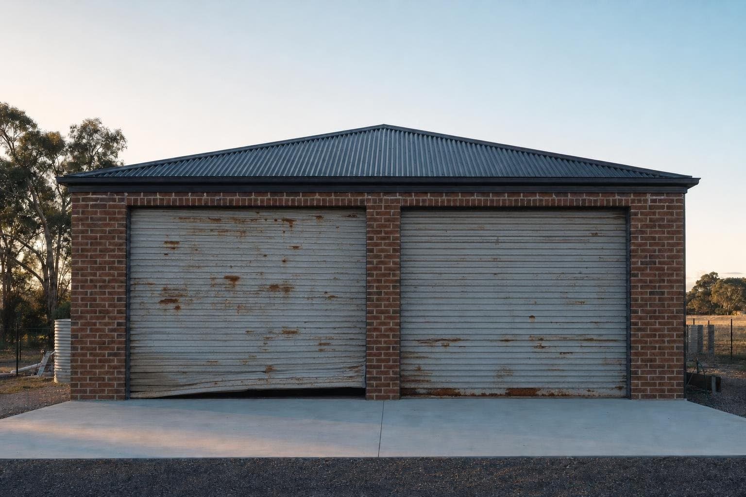 Rolling steel workshop doors in Stonebridge, before